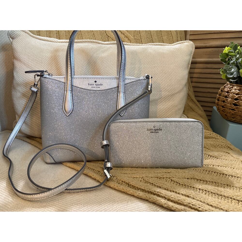 Kate Spade Shimmy Glitter Satchel w/ Glimmer Large Continental Wallet Silver